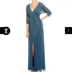 Aidan Mattox V-Neck Beaded Chiffon Long Evening Dress Embellished Turquoise